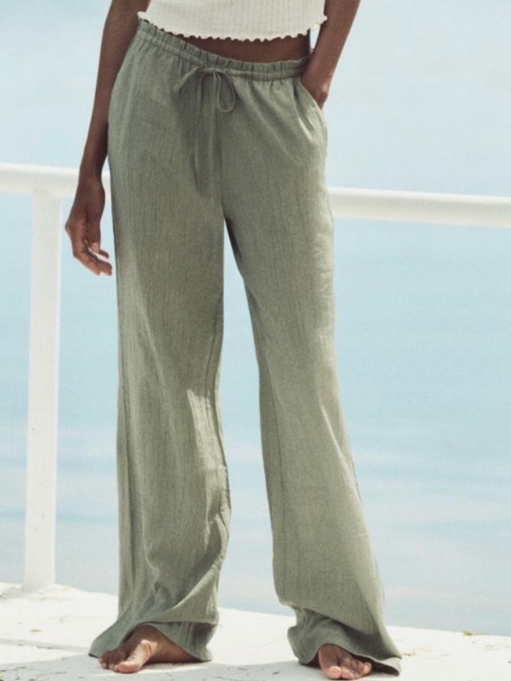 Zara Wide-Leg Drawstring Linen Pants in Olive Green